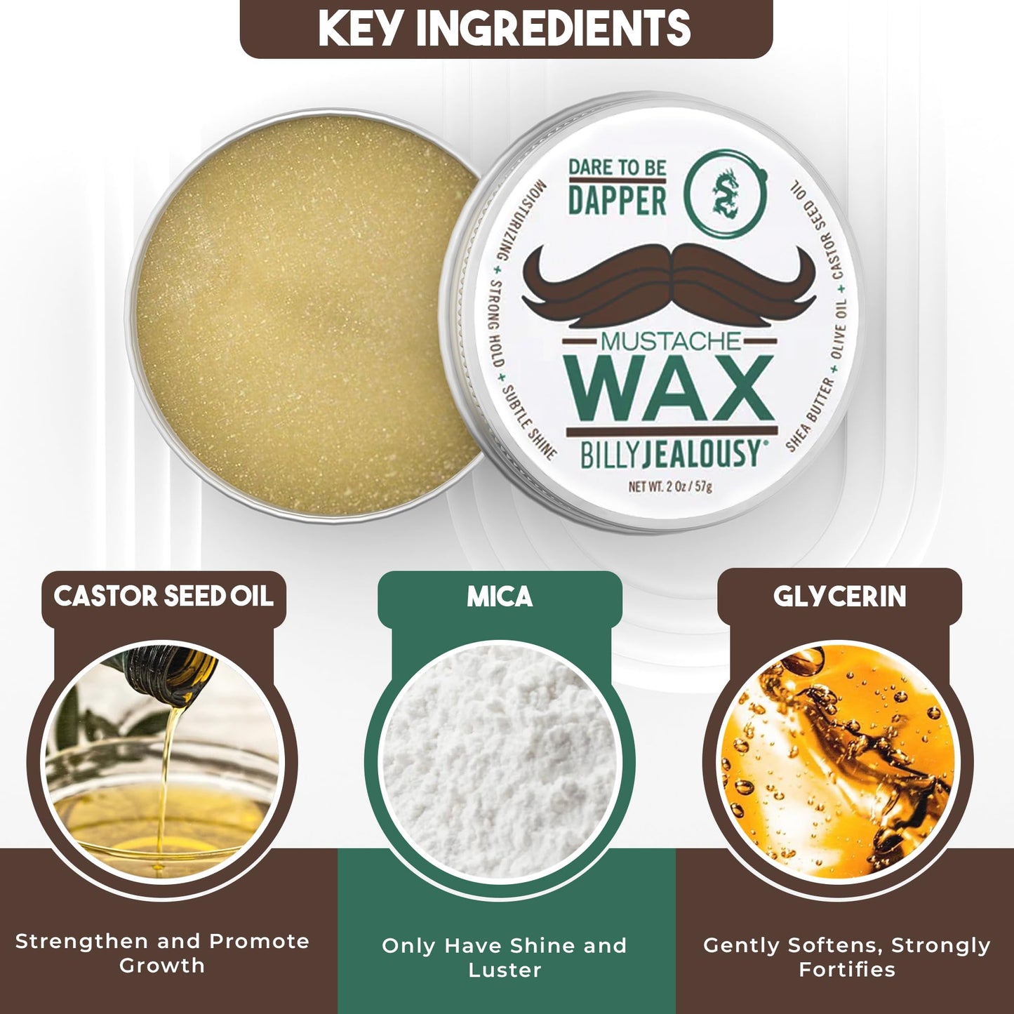 Billy Jealousy Bulletproof Strong Hold Mustache Wax, Conditioning Travel-Friendly Styling Product with Woodsy Lavender, Tropical Fruit, and Oak Moss Scent, 2 Oz
