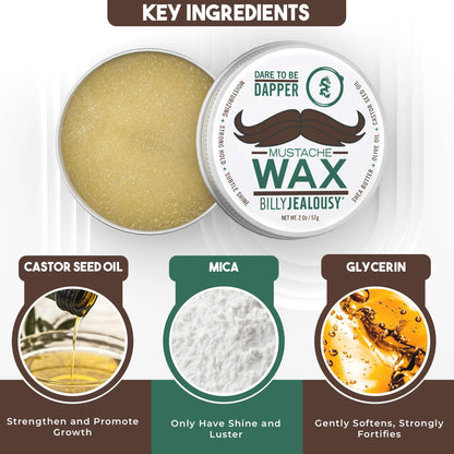 Billy Jealousy Bulletproof Strong Hold Mustache Wax, Conditioning Travel-Friendly Styling Product with Woodsy Lavender, Tropical Fruit, and Oak Moss Scent, 2 Oz