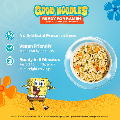 A-Sha & SpongeBob Squarepants Good Noodles (6 Pack) | Ready for Ramen (Mildly Spicy Flavor) | Rich and Creamy Tonkotsu Broth | Better For Your Microwaveable Ramen Soup Mix