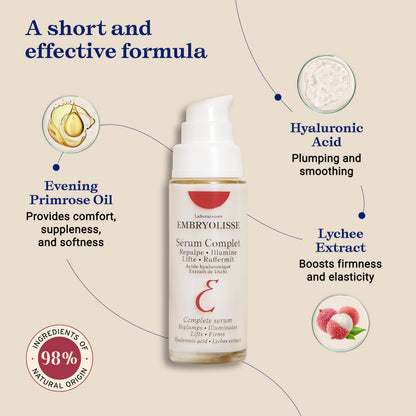 Embryolisse Complete Serum. Advanced Hydrating Formula With Hyaluronic Acid. Replumps, Illuminates, Lifts, Firms, 1.01 Fl Oz