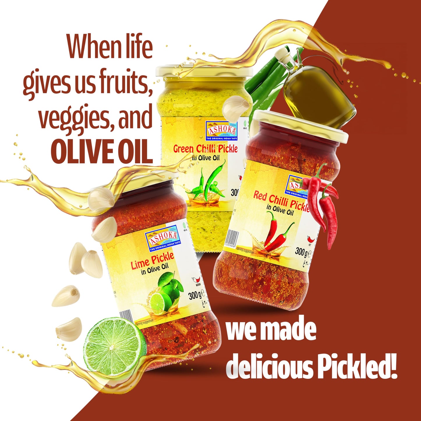 Ashoka 1932 | All Natural | Indian Pickle in Olive Oil | Indian Origin Pickle | Pickled Garlic | Great as a Condiment | Medium Spiced | Vegan | Kosher Certified | 300 Grams (Pack of 1)