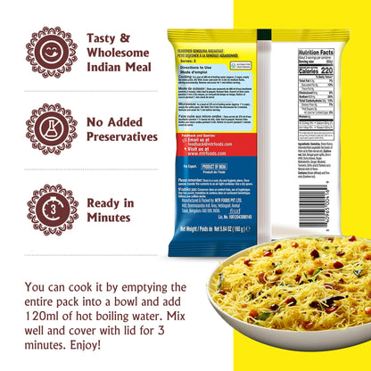 MTR 3minute Seviyan Vermicelli Upma - Ready-to-Cook Mix - Authentic Indian Food in Just 3 Minutes - 100% Vegetarian - No Added Preservatives - Just Add Hot Water - Quick & Easy (Seviyan Vermicelli Upma - 160g, Pack of 6)