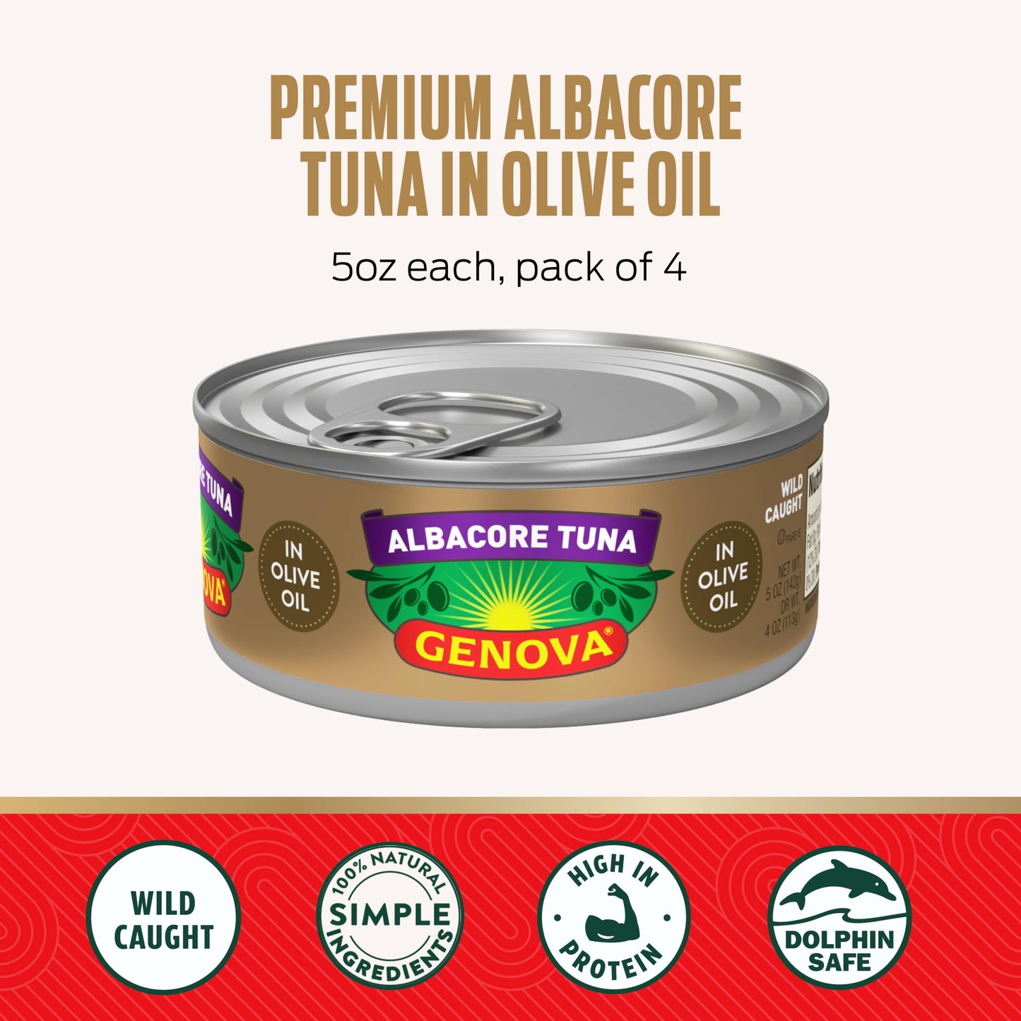 Genova Premium Albacore Tuna in Olive Oil, 5 Ounce Cans, 4-Pack – Nutrient Rich, High Protein Solid White Canned Tuna Fish - Delicious, Easy, Nutritious Ready to Eat Meals