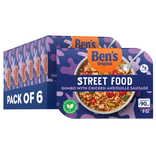 BEN'S ORIGINAL Street Food Gumbo with Chicken Andouille Sausage, Prepared Entrée, Microwavable Heat-&-Eat Bowl in 90 Seconds, 9 oz (Pack of 6)