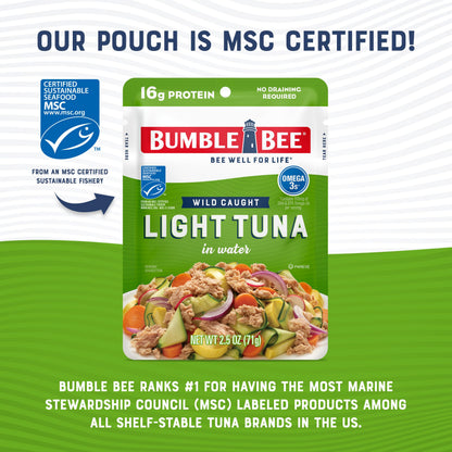 Bumble Bee Chunk Light Tuna in Water, 2.5 oz Pouches (Pack of 12) - Ready to Eat Wild Caught Skipjack Tuna Packet - 16g Protein per Serving - MSC Sustainable Seafood, Non-GMO, Gluten Free, Kosher