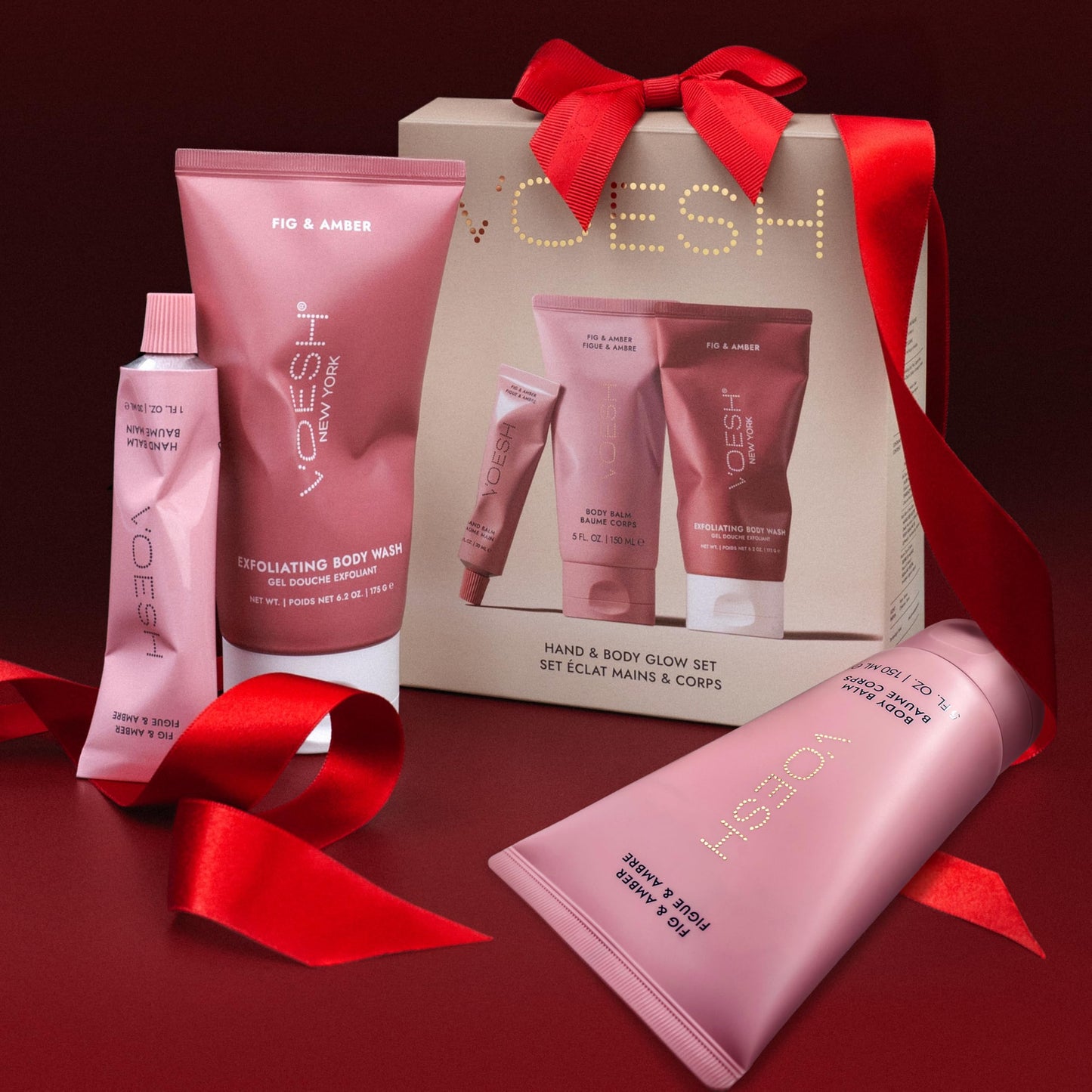 VOESH Hand & Body Glow Gift Set - 3-Piece Gift Set for Radiant Skin - Exfoliating Body Wash, Body Balm & Hand Balm - Vegan K-Beauty Korean Skincare - Fig & Amber Scent