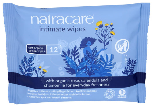 Natracare Organic Cotton Intimate Wipes Infused with Organic Essential Oils of Chamomile, Calendula and French Rose, 12 Wipes per pack (1 Pack, 12 wipes total)