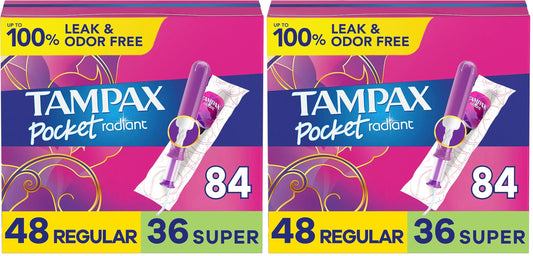 Tampax Compact Radiant Tampons for Women Multipack, with LeakGuard Braid & Extendable Applicator, Regular/Super Absorbency, Unscented, 84 Count (Pack of 2)