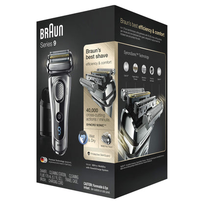 Braun Electric Razor for Men Foil Shaver with Precision Beard Trimmer, Rechargeable, Wet & Dry, Clean & Charge Station and Leather Travel Case, 6 Piece Set