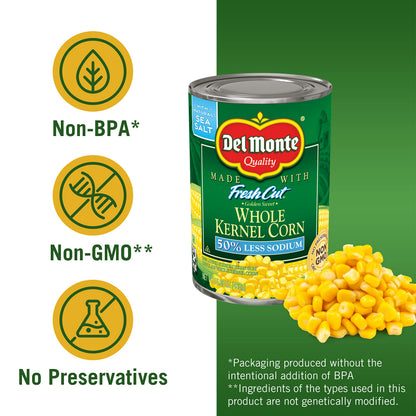 Del Monte Fresh Cut 50% Less Sodium Golden Sweet Whole Kernel Corn, 15.25 oz. Can, Canned Vegetables