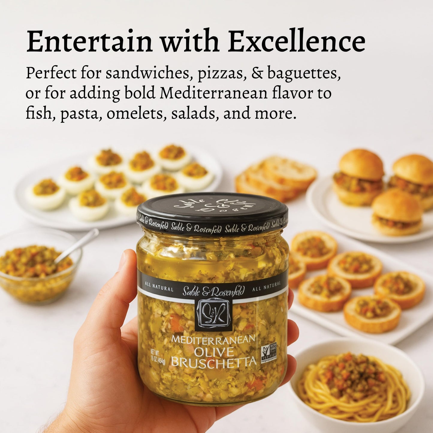 Sable & Rosenfeld Mediterranean Olive Bruschetta in a Jar 16 oz (Pack of 1), Classic Olive Spread with Sweet Peppers and Capers, Non-GMO, Gluten-Free