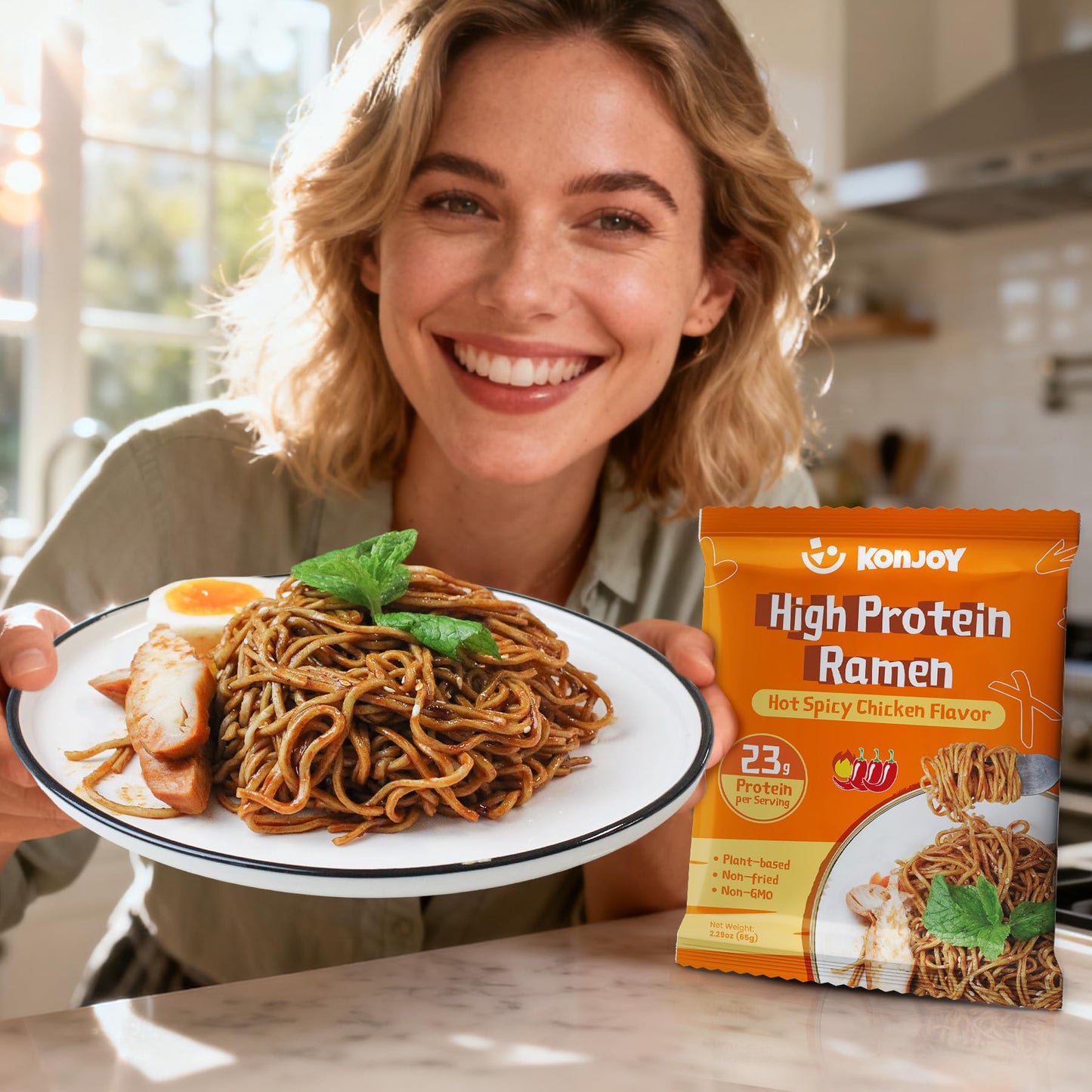 KONJOY High Protein Ramen Noodles - Hot Spicy Chicken Flavor, 23g Plant Based Protein, Low Fat & Non Fried, Non-GMO, Vegan Instant Noodles, 5 Pack