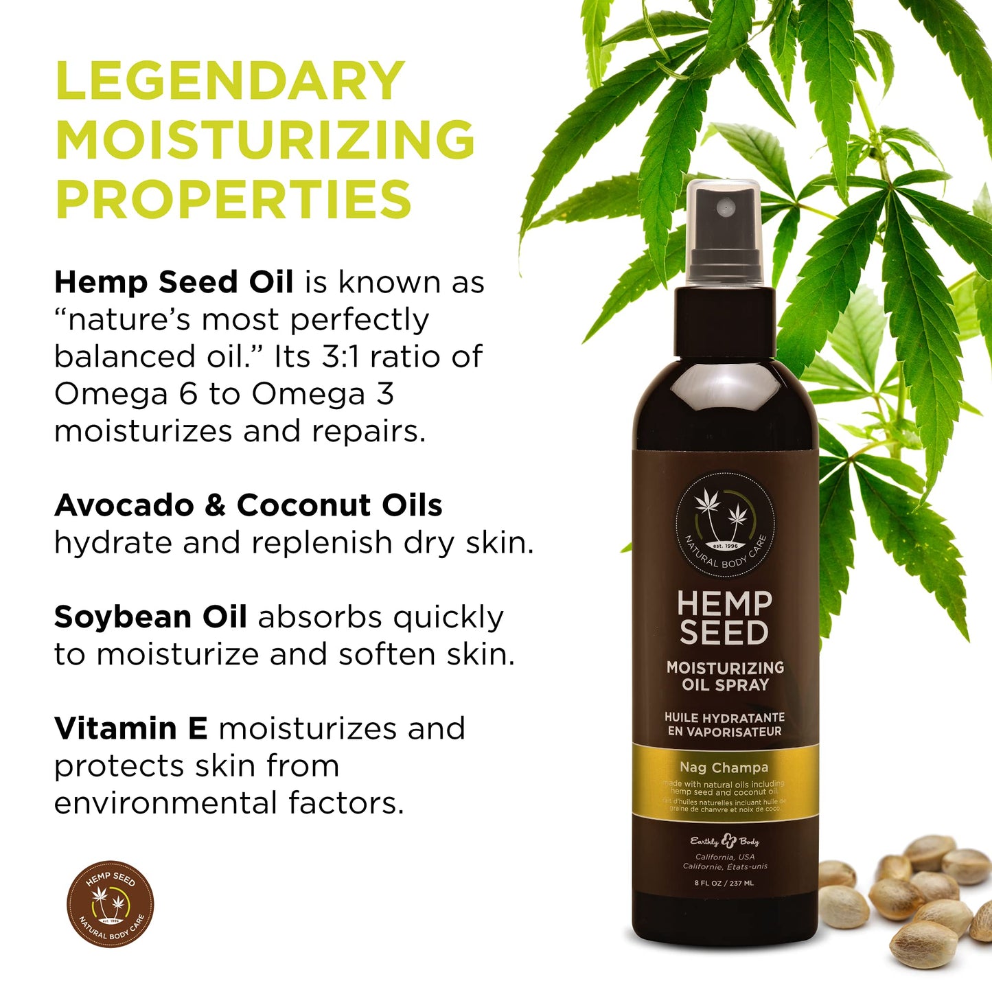 Hemp Seed Moisturizing Oil Spray - 8 oz - Smooth, Moisturize & Protect Skin - With Vitamin E + Hemp Seed, Coconut & Avocado Oils - Vegan, Cruelty Free