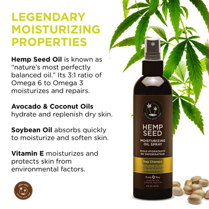 Hemp Seed Moisturizing Oil Spray - 8 oz - Smooth, Moisturize & Protect Skin - With Vitamin E + Hemp Seed, Coconut & Avocado Oils - Vegan, Cruelty Free