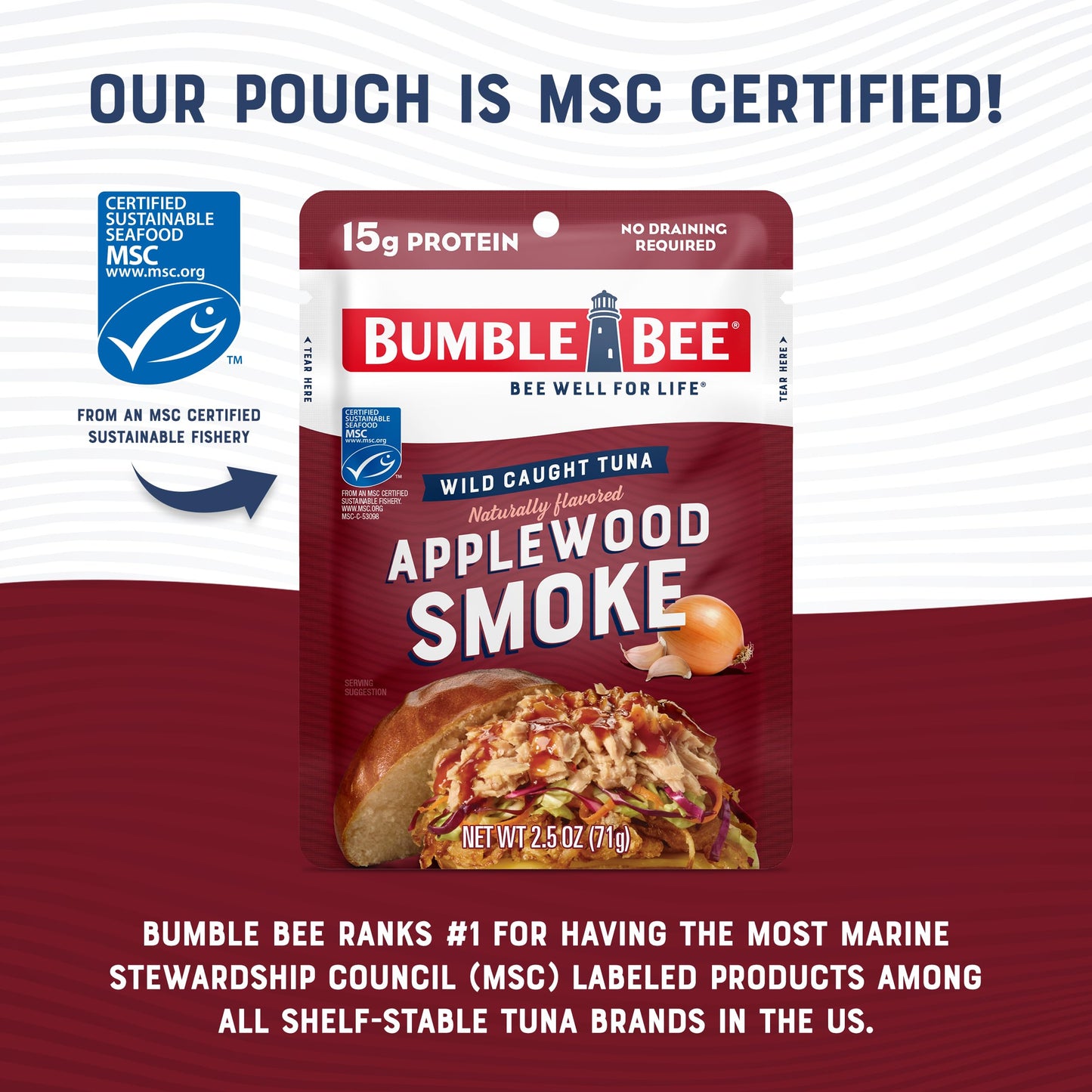 Bumble Bee Applewood Smoke Seasoned Tuna, 2.5 oz Pouch - Ready to Eat - Wild Caught Tuna Packet - 15g Protein per Serving - Gluten Free