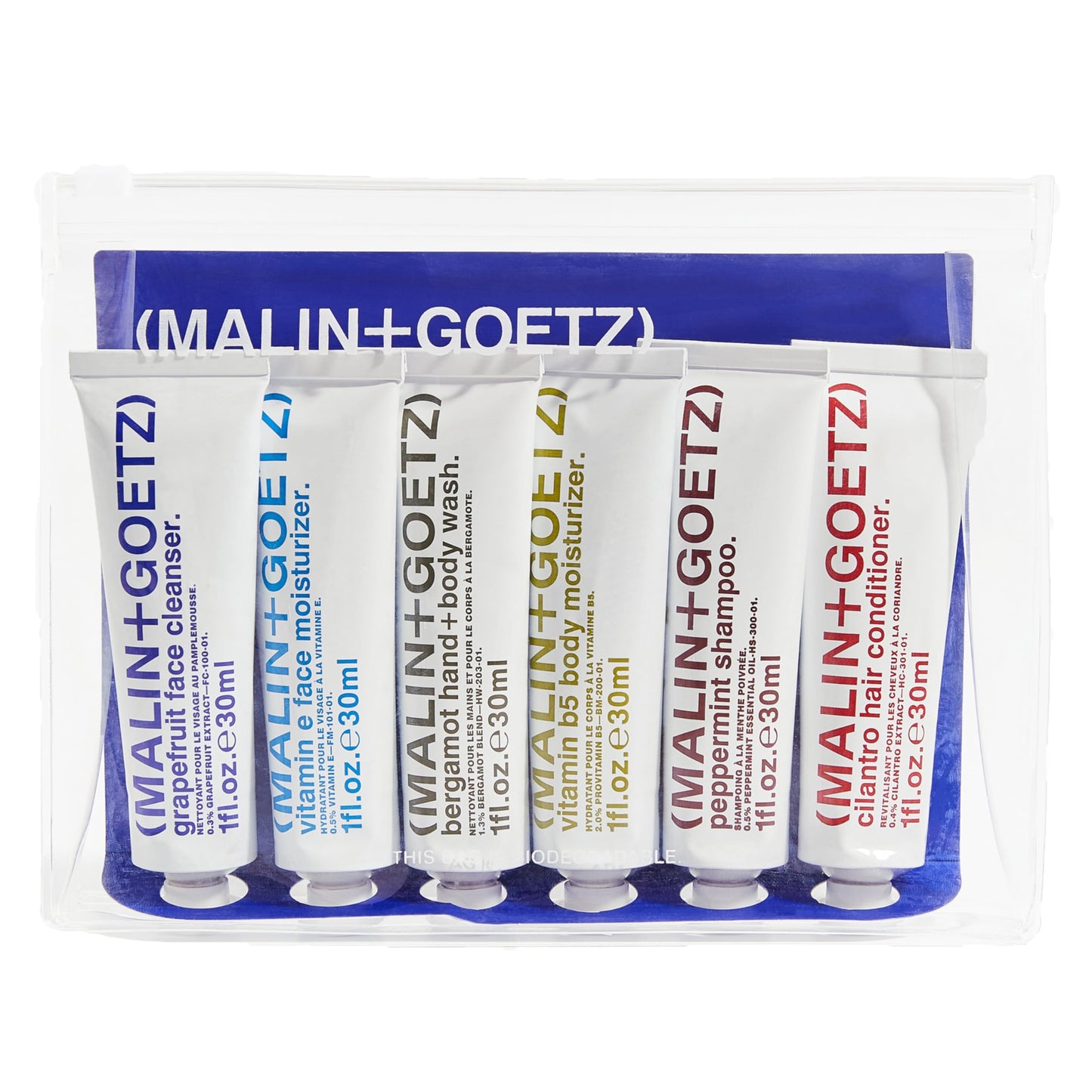MALIN+GOETZ Best-Sellers Travel Kit | Six Everyday Essentials for Face, Body + Hair | Grapefruit Face Cleanser, Vitamin E Face Moisturizer, Peppermint Shampoo + More | Vegan, Travel-Friendly(6 x 1 oz)