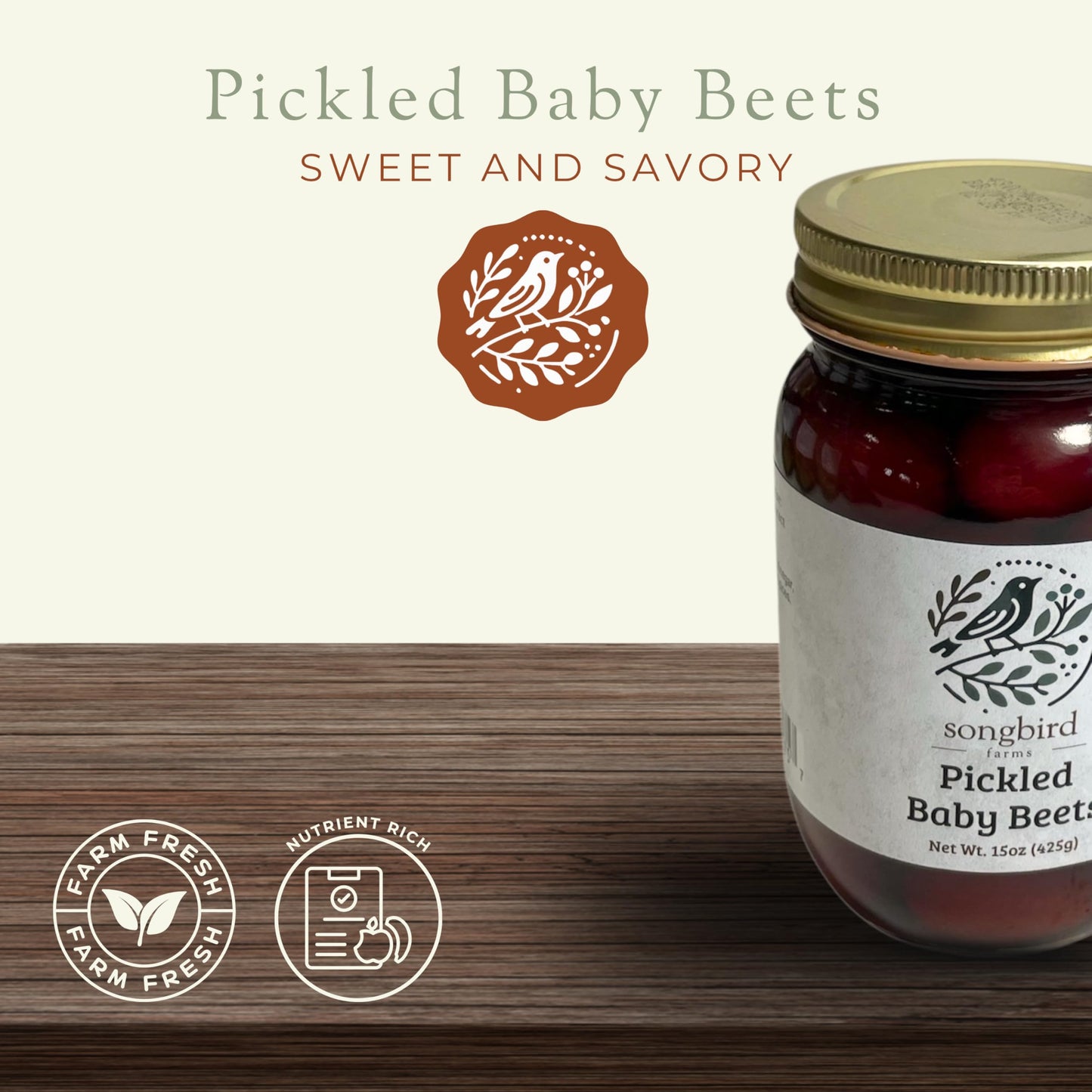 Songbird Farms Pickled Baby Beets - Premium, Whole Pickled Beets in Jars - Nutrient Rich (15oz)