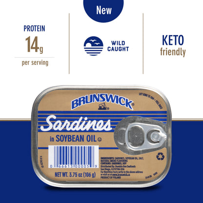 Brunswick Wild Caught Sardines in Soybean Oil, 3.75 oz Can (Pack of 12) - 14g Protein per Serving - Gluten Free, Keto Friendly, Kosher