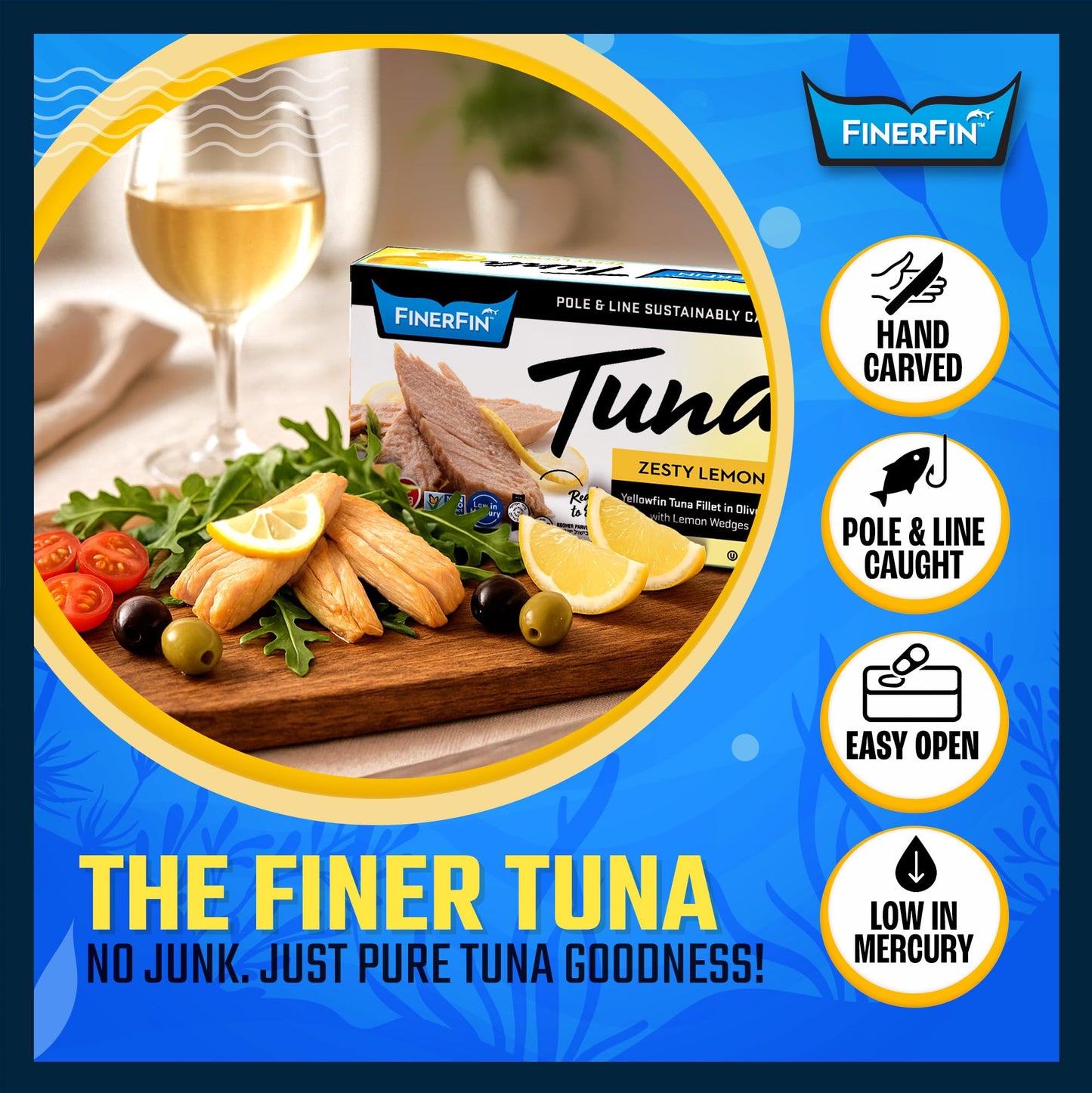 FinerFin Premium Zesty Lemon Yellowfin Tuna Fillets in Organic Extra Virgin Olive Oil, 4.4 oz | Hand Cut | Gourmet Ready-to-Eat Fillets | Gluten Free | Kosher
