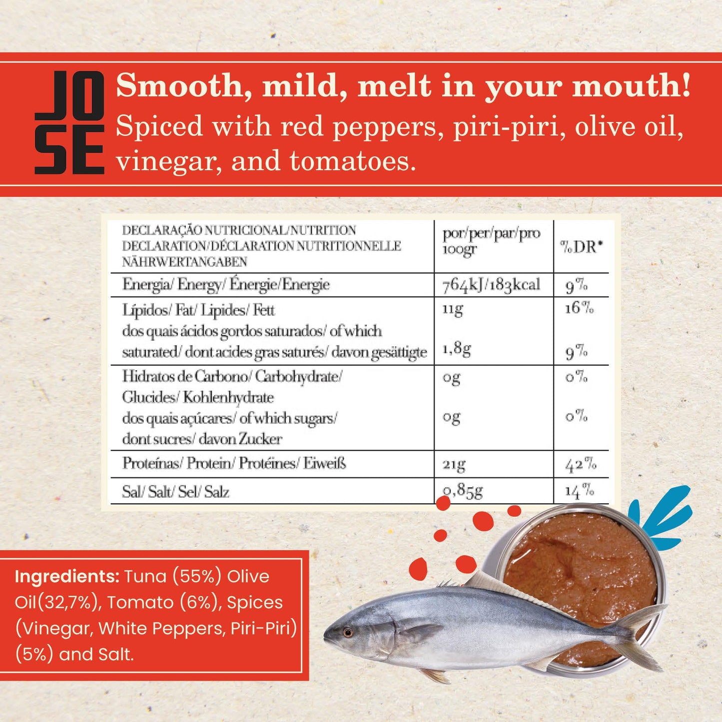 Canned Spiced Tuna Paté by Jose Gourmet, Wild Caught Portuguese Tuna, Tinned Fish Paté, High Protein Sustainable Seafood Snacks, Omega 3, Fair Trade, 75g Can