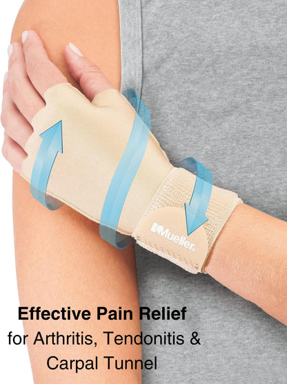 MUELLER Sports Medicine Compression Glove for Men and Women, Hand & Wrist Pain Relief Support, Ideal for Carpal Tunnel, Arthritis, Fits Right or Left, Beige
