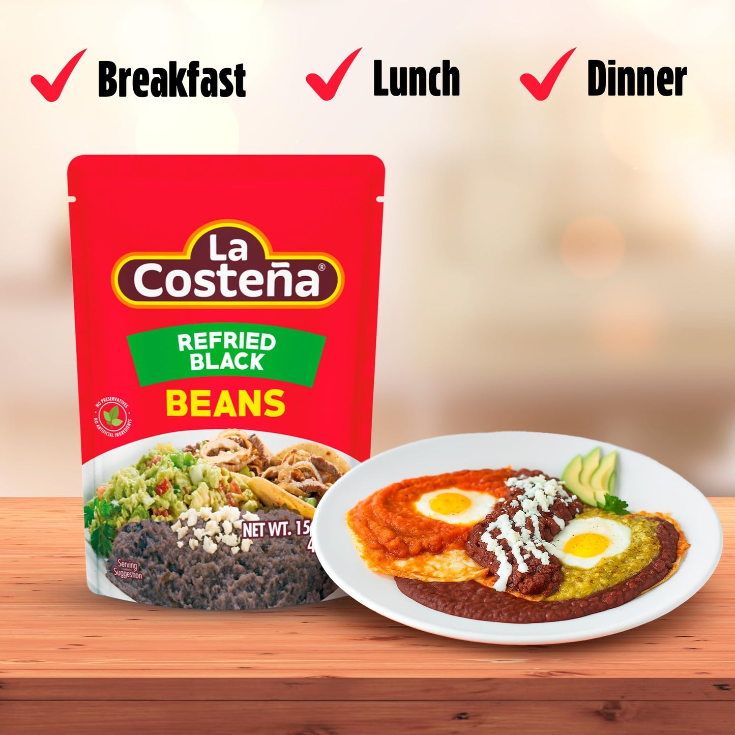La Costeña Refried Black Beans - 60 Second Microwave Ready to Eat Meals for Mexican Food, Mexican Rice, Nacho Bean Dip, Bean Burrito, Burger, Carne Asada, Fajita & Taco Seasoning - 15.16oz, 8 Pack