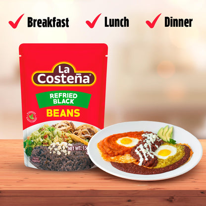 La Costeña Refried Black Beans - 60 Second Microwave Ready to Eat Meals for Mexican Food, Mexican Rice, Nacho Bean Dip, Bean Burrito, Burger, Carne Asada, Fajita & Taco Seasoning - 15.16oz, 8 Pack