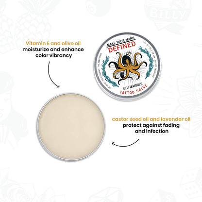 Billy Jealousy Make Your Mark Defined Tattoo Salve, Tattoo Aftercare with Vitamin E and Soybean & Lavender Oils, Protects, Deeply Nourishes, and Enhances Vibrancy, 2 oz