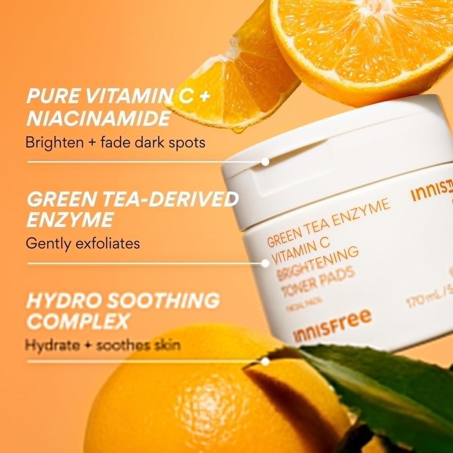 innisfree Green Tea Enzyme Vitamin C Toner Pads, Korean Brightening Face Pads for Dark Spots, Radiance, and Even Skin Tone
