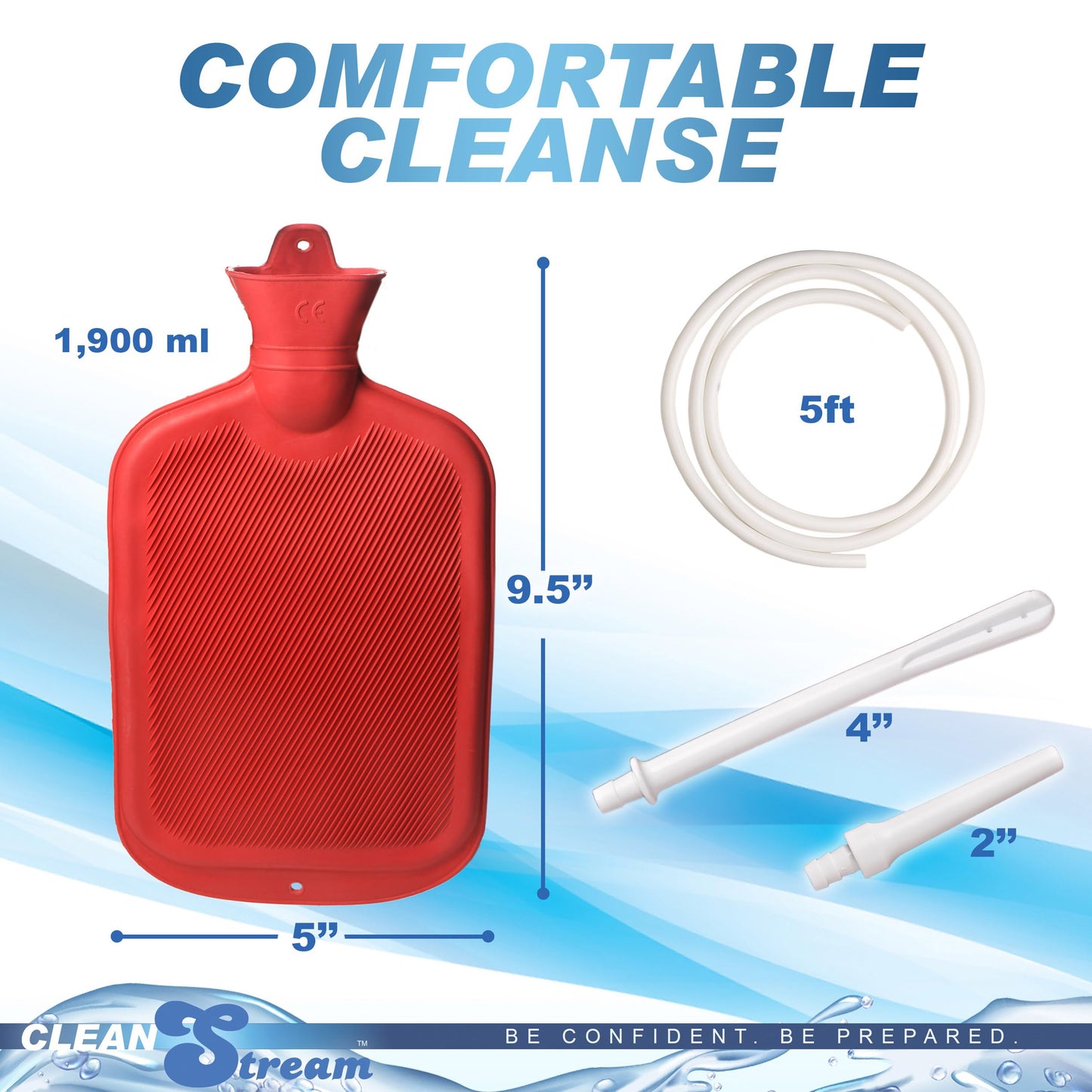 Cleanstream Water Bottle Douche Kit with Enema Tip, Vaginal Tip, 2 Quart Rubber Bottle, 5 Foot Tubing, Shut-Off Clamp, Adapter, Stopper and Hanging Hook for Personal Cleansing