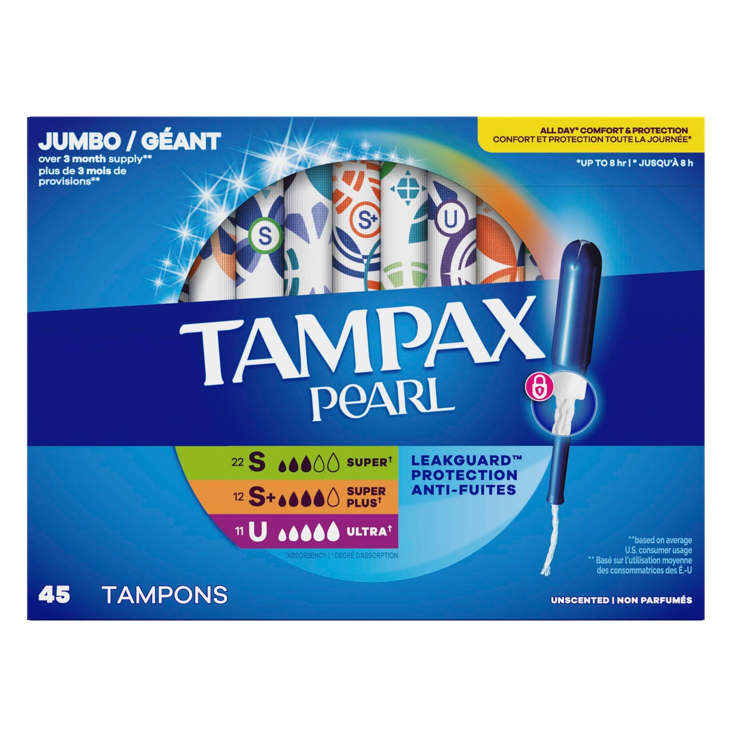 Tampax Pearl Tampons Multipack, with LeakGuard Braid, Super/Super Plus/Ultra Absorbency, Up to 100% Leak and Odor Free Protection, Unscented, 45 Count