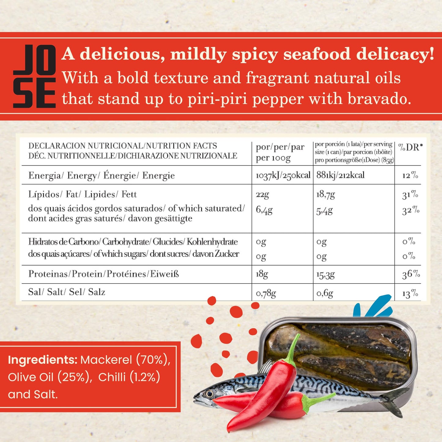 Canned Spiced Small Mackerel in Olive Oil by Jose Gourmet, Wild Caught Portuguese Mackerel, Tinned Fish in Olive Oil, High Protein Sustainable Seafood Snacks, Omega 3, Fair Trade, 120g Can