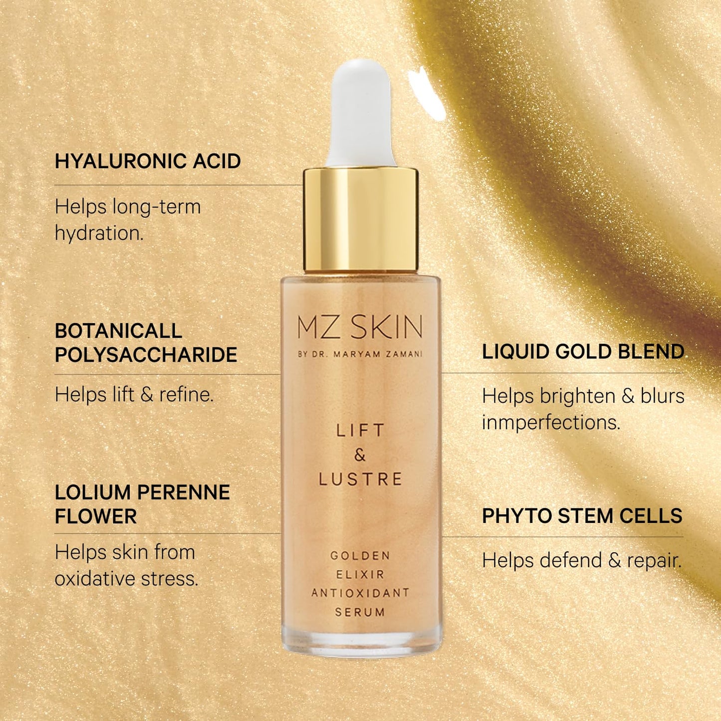MZ SKIN Lift & Lustre Golden Elixir Serum 1.01 fl oz - Clinically-Proven Antioxidant Treatment with Dual-Weight Hyaluronic Acid, for Deep Hydration & Glowing Skin, All Skin Types