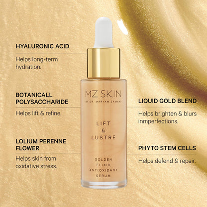 MZ SKIN Lift & Lustre Golden Elixir Serum 1.01 fl oz - Clinically-Proven Antioxidant Treatment with Dual-Weight Hyaluronic Acid, for Deep Hydration & Glowing Skin, All Skin Types