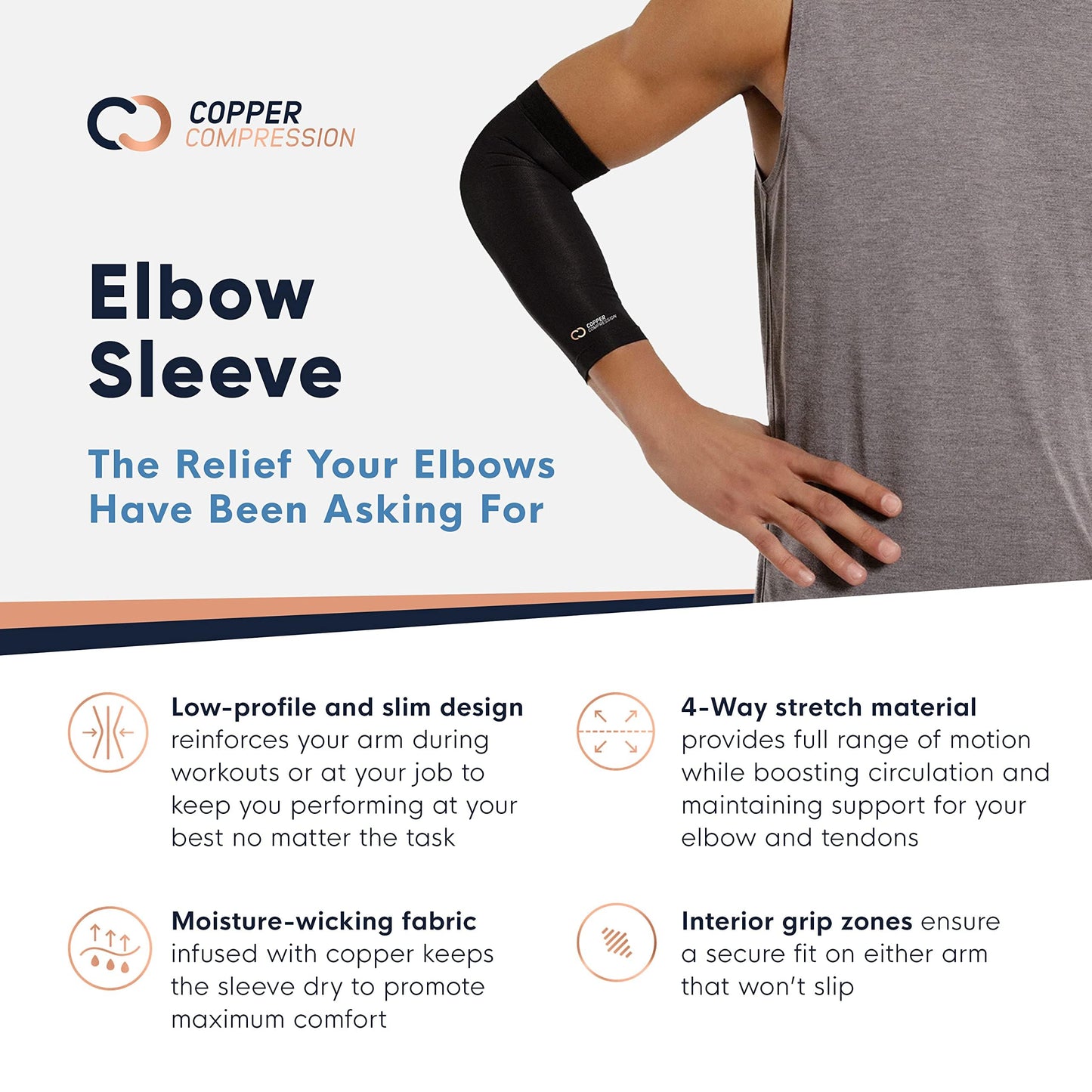 Copper Compression Elbow Sleeve - Copper Infused Orthopedic Brace for Golf Elbow, Bursitis & More - Fits Men & Women -1 Sleeve- Original/Black - S