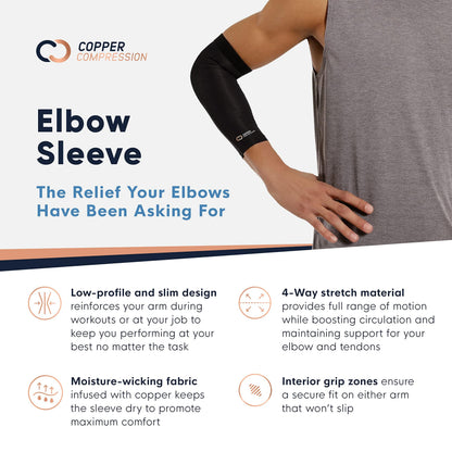 Copper Compression Elbow Sleeve - Copper Infused Orthopedic Brace for Golf Elbow, Bursitis & More - Fits Men & Women -1 Sleeve- Original/Black - S