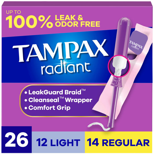 Tampax Radiant Tampons Multipack, with LeakGuard Braid, Light/Regular Absorbency, Unscented, 26 Count