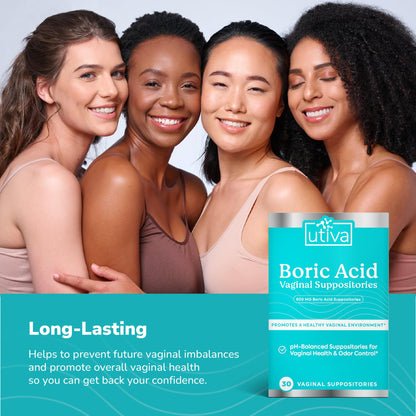 Szio+ Utiva Boric Acid Suppositories for Women - pH Balance - Feminine Care - 600mg Boric Acid to Lower pH and Support Vaginal Health, BV Treatment for Women, 30 Vaginal Suppositories