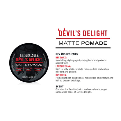 Billy Jealousy Devil's Delight Matte Pomade for Men Adds Volume and Definition, Strong Hold Water-Based Formula with Black Pepper Sandalwood Scent, 3 Oz.
