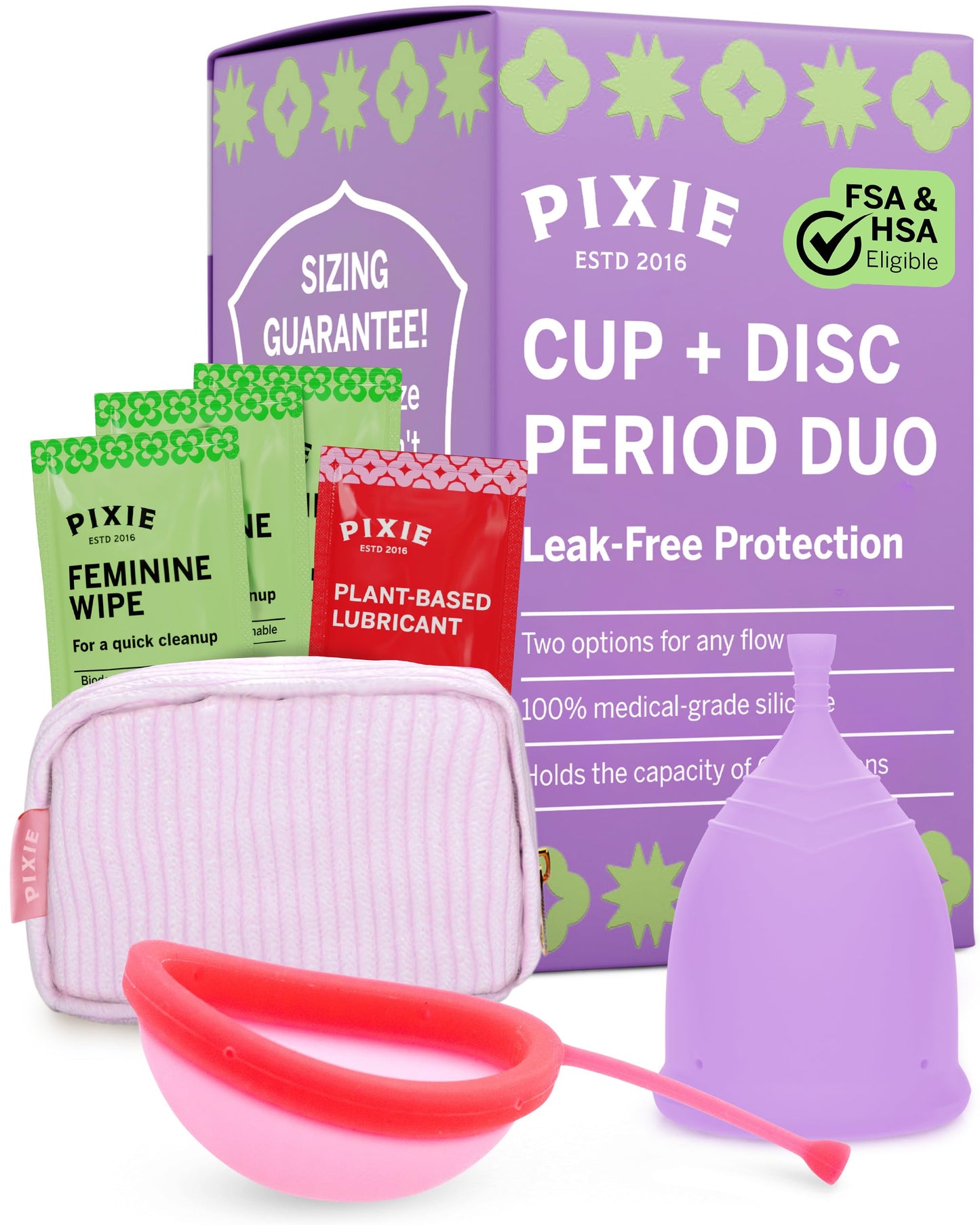Pixie Menstrual Cup & Disc Duo for Feminine Care - Ranked 1 for Most Comfortable Reusable Period Cup & Disc - Buy One We Give One - Includes Ebook Guide, Flushable Wipes, Lube, Sanitizer & Storage Bag