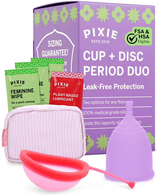Pixie Menstrual Cup & Disc Duo for Feminine Care - Ranked 1 for Most Comfortable Reusable Period Cup & Disc - Buy One We Give One - Includes Ebook Guide, Flushable Wipes, Lube, Sanitizer & Storage Bag