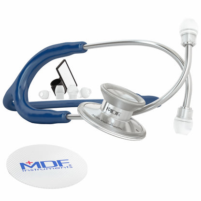 MDF Instruments, Acoustica Lightweight Stethoscope for Doctors, Nurses, Students, Home Health Use, Adult, Dual Head, Navy Blue Tube, Silver Chestpiece-Headset, MDF747XP04