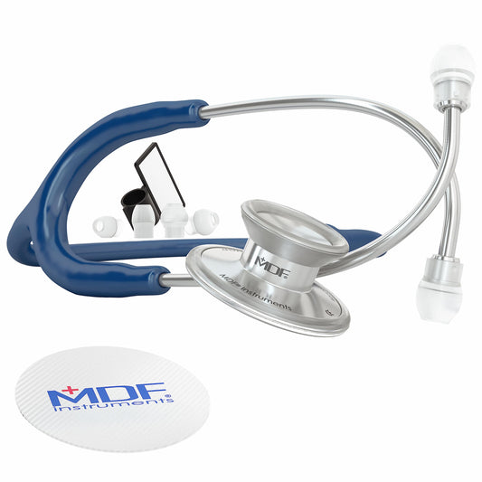 MDF Instruments, Acoustica Lightweight Stethoscope for Doctors, Nurses, Students, Home Health Use, Adult, Dual Head, Navy Blue Tube, Silver Chestpiece-Headset, MDF747XP04