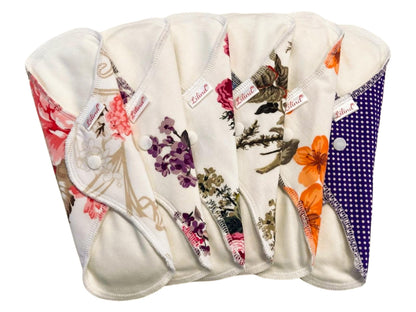 Lilind® 6 Pack Everyday 9" Regular Organic Cloth Pads on Random Color, Reusable Menstrual Sanitary Napkins, 100% Cotton