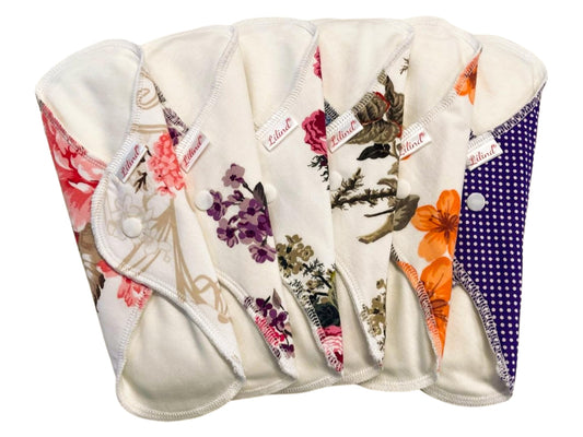 Lilind® 6 Pack Everyday 9" Regular Organic Cloth Pads on Random Color, Reusable Menstrual Sanitary Napkins, 100% Cotton