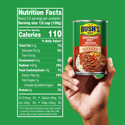 BUSH'S BEST 15 oz Canned Southwest Zest Pinto Beans, Source of Plant Based Protein and Fiber, Low Fat, Gluten Free, (Pack of 12)