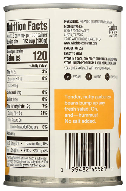365 by Whole Foods Market, Unsalted Garbanzo Beans, 15.5 Ounce