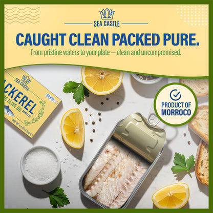Sea Castle Mackerel in Olive Oil, 4.4oz (6 Pack) | Skinless & Boneless Canned Fish | Wild Caught Canned Mackerel Fillets | Packed with Vitamins | Non-GMO | Kosher