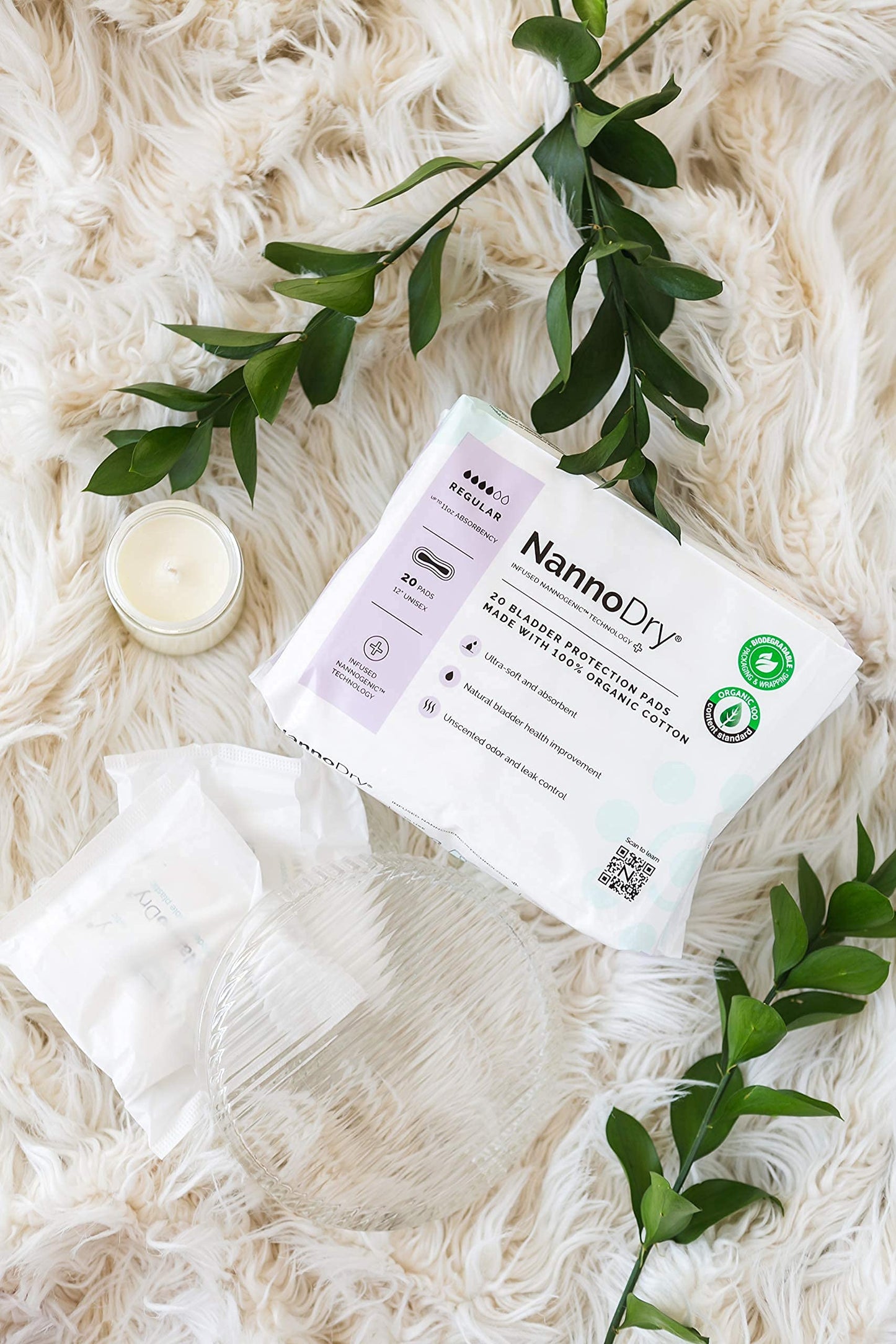 Incontinence Pads for Women - 100% Organic Cotton Postpartum Pads, Pregnancy, Menopause, Bladder Leak Control - High Absorbency, Breathable, Unscented, Unisex - Regular (1 Pack, 20 Count)