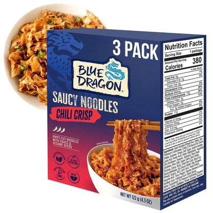 Blue Dragon Chili Crisp Saucy Noodles - 4.2oz (Pack of 3) - Knife Cut Thick Noodles w/Spicy Chili Crisp Sauce & Sesame Seed Garnish - Quick & Easy Meal w/Bold Spicy Asian Flavors - Vegetarian Friendly
